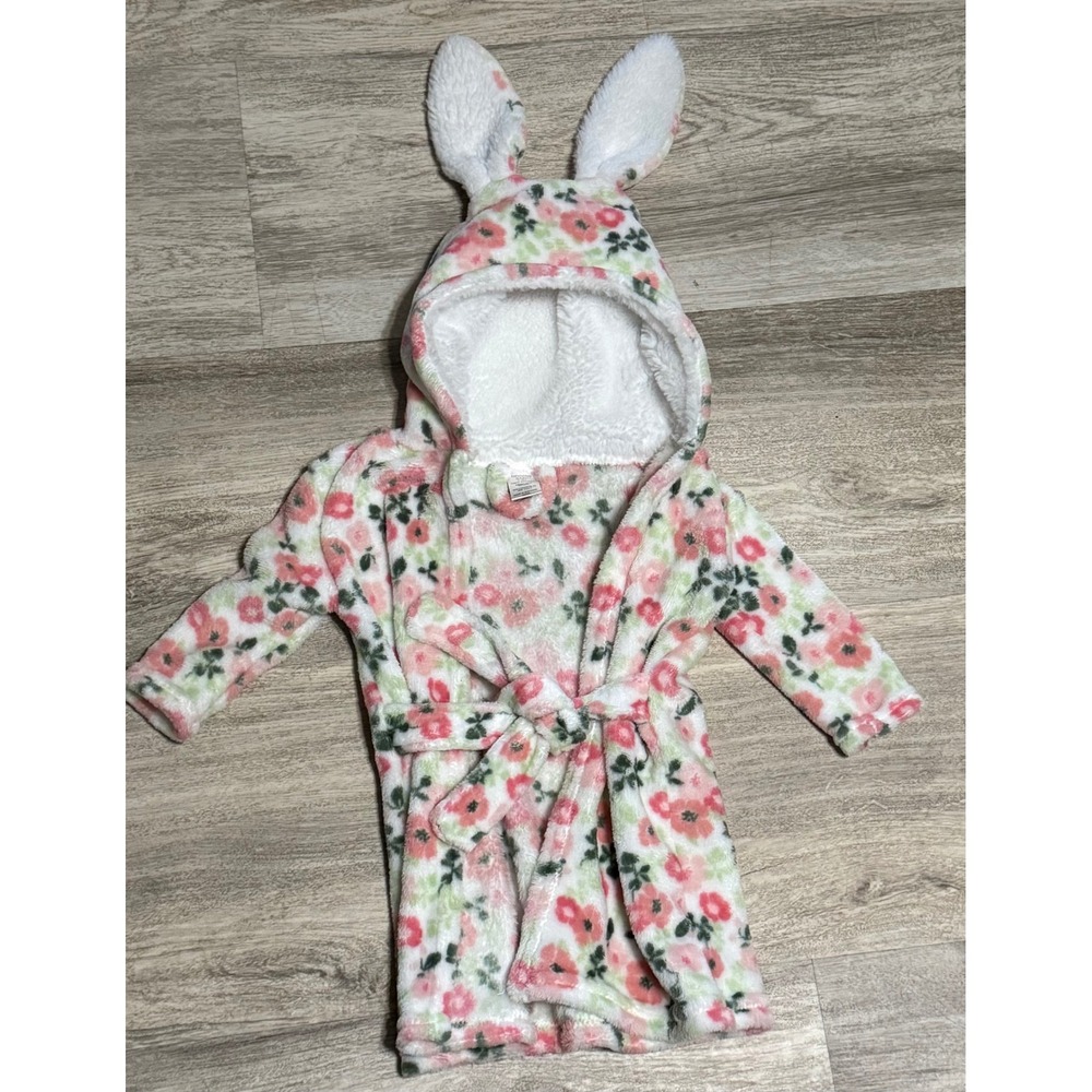 Modern Baby Floral Bunny Hooded Robe 0-9M Pink Green Flowers‎